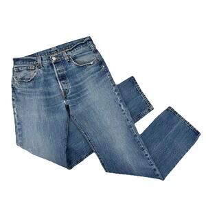 Levis Button Fly 501 Jeans Mens Size 33x34 Straight Leg WORN Creased Wallet Mark